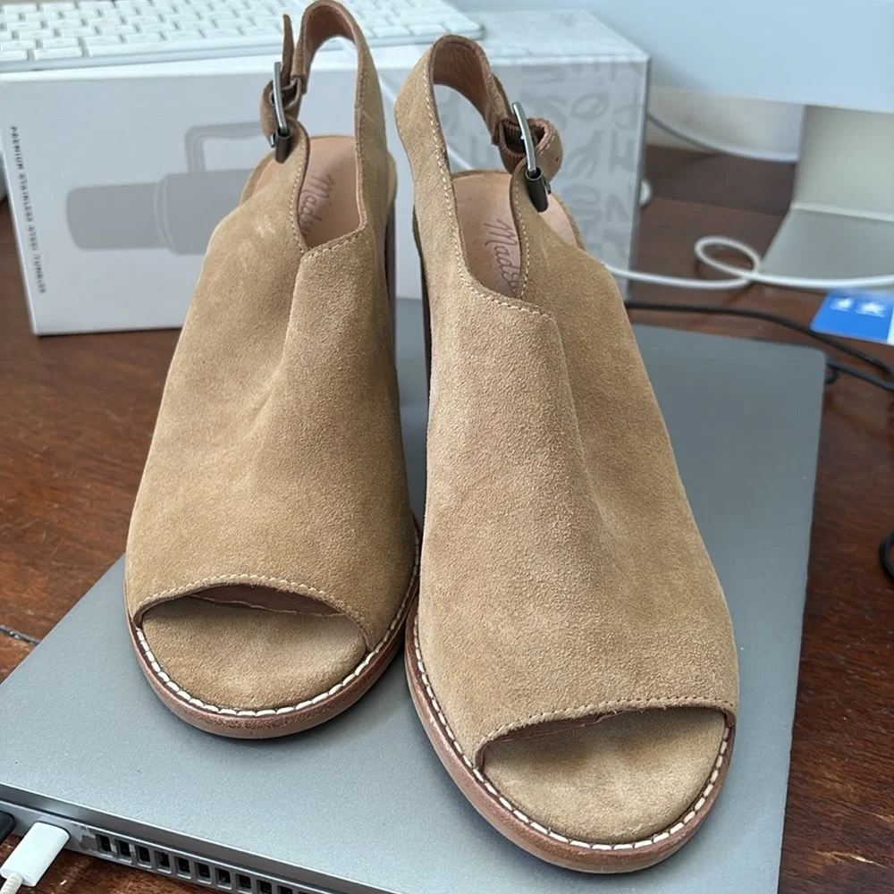 Madewell Suede Slingback Cary Block Tan Peep Toe Heels Sz 8 - Picture 13 of 15